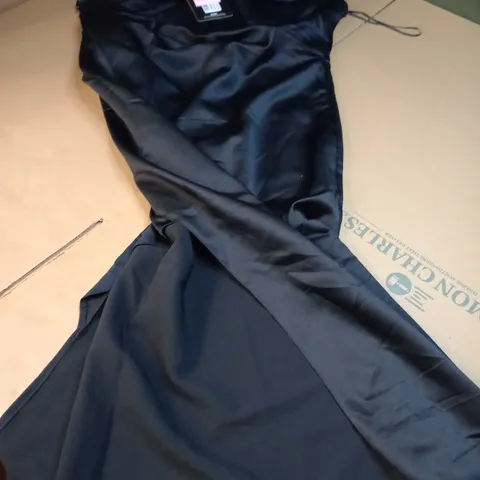 PLT BLACK SATIN ONE SHOULDER PLEAT DETAIL MIDI DRESS - SIZE 16