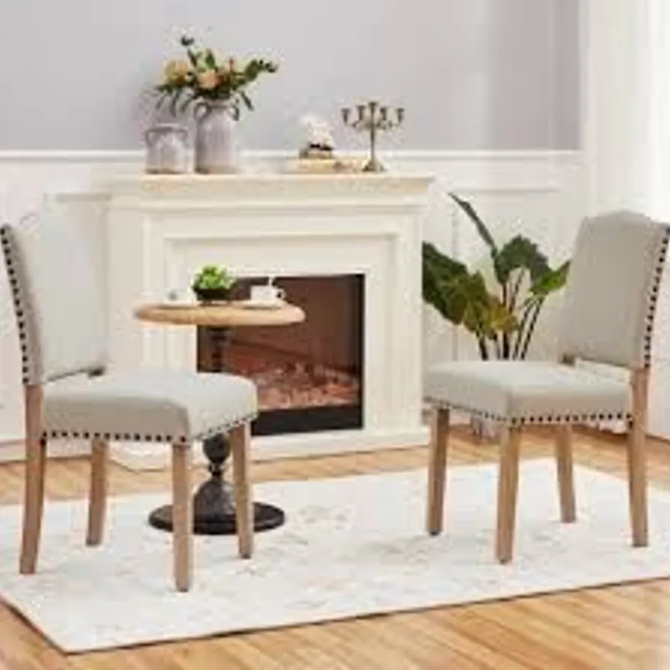 BOXED YAHEETECH DINING CHAIRS SET OF 2 MODERN FABRIC DINING ROOM CHAIRS WITH NAILHEAD TRIM AND UPHOLSTERED SEAT - BEIGE