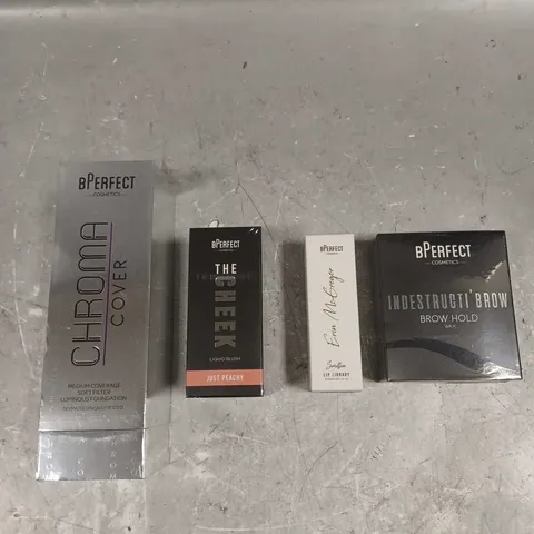 BPERFECT LOT OF 4 ASSORTED COSMETIC PRODUCTS TO INCLUDE - CHROMA COVER SOFT FILTER FOUNDATION IN W3 - SMITTEN LIP OIL - THE CHEEK JUST PEACHY LIQUID BLUSH - ETC