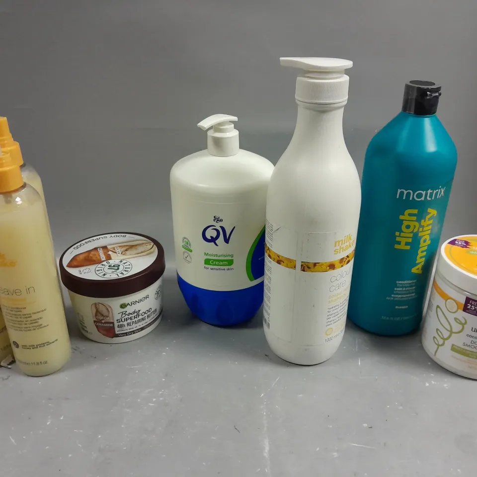 8 X ASSORTED BEAUTY PRODUCTS TO CONTAIN BODY REPAIRING BUTTER, MATRIX CONDITIONER, COLOUR MAINTAINER SHAMPOO ETC 