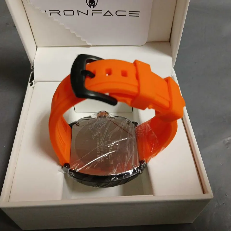 BOXED IRONFACE GENTS CHRONOGRAPH WATCH WITH ORANGE RUBBER STRAP