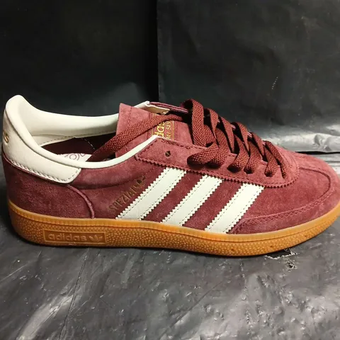 PAIR OF ADIDAS BURGUNDY SUEDE SNEAKERS - UK SIZE 5