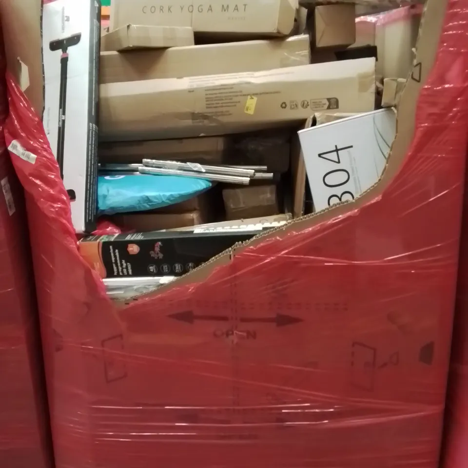 PALLET CONTAINING VARIOUS ASSORTED BOXED HOUSEHOLD ITEMS TO INCLUDE: DRYWALL STRONG ARM, WINDOW FILMS, AQUARIUM LIGHTS, STAINLESS STEEL FAUCET, YOGA MATS AND LOTS MORE UNMARKED BOXED ITEMS 