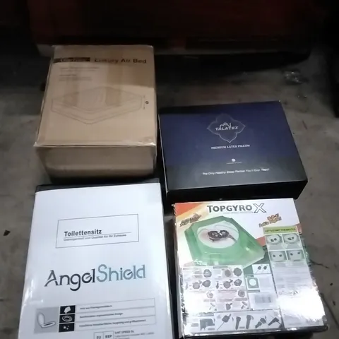 PALLET OF HOUSEHOLD ITEMS TO INCLUDE LUXURY AIR BED,PREMIUM LATEX PILLOW, TOPGYROX, TOILET SEAT AND OTHER ASSORTED ITEMS...