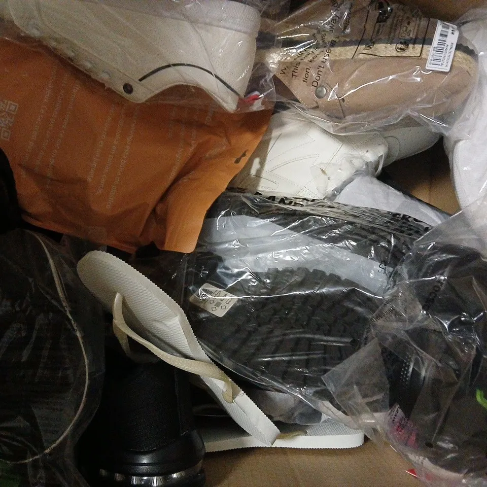 BOX OF APPROXIMATELY 15 ASSORTED PAIRS OF SHOES AND FOOTWEAR ITEMS IN VARIOUS COLOURS, STYLES, AND SIZES - COLLECTION ONLY