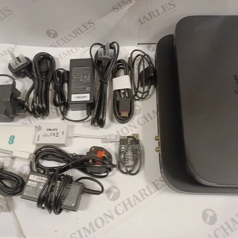 LOT OF ASSORTED TECH ITEMS TO INCLUDE SKY SET TOP BOXES AND VARIOUS CHARGERS AND CONNECTIVITY CABLES