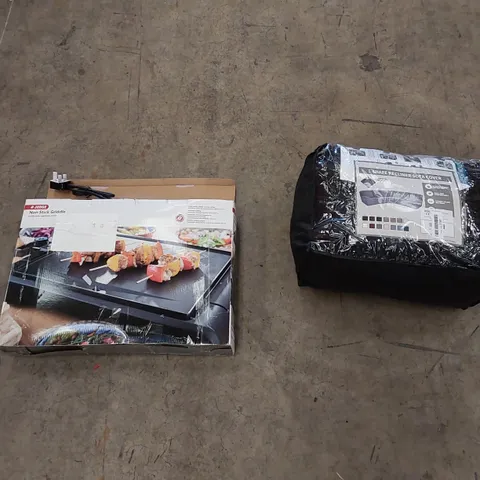 PALLET OF ASSORTED HOUSEHOLD ITEMS AND CONSUMER PRODUCTS. INCLUDES NON-STICK GRIDDLE, L-SHAPE RECLINER SOFA COVER, BOXED FURNITURE ETC