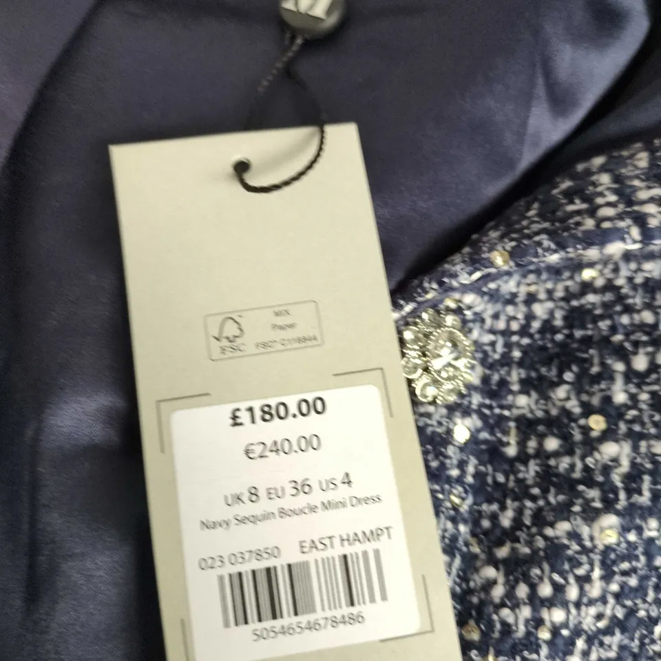 EAST HAMPTON NAVY SEQUIN BOUCLE MINI DRESS – UK 8