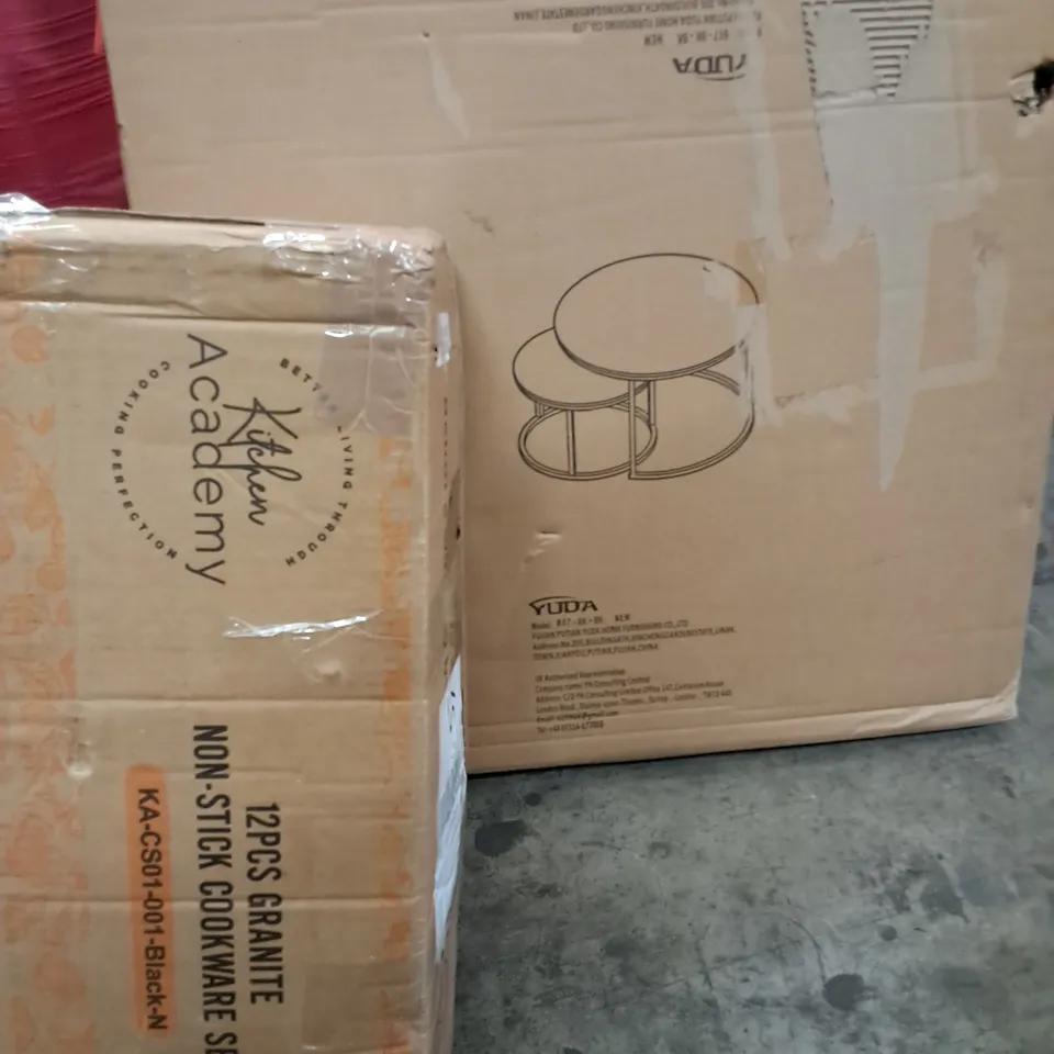 PALLET OF ASSORTED HOUSEHOLD ITEMS TO INCLUDE 12-PIECE GRANITE COOKWARE SET, NESTED TABLES AND K5 PRO AIR FRYER 