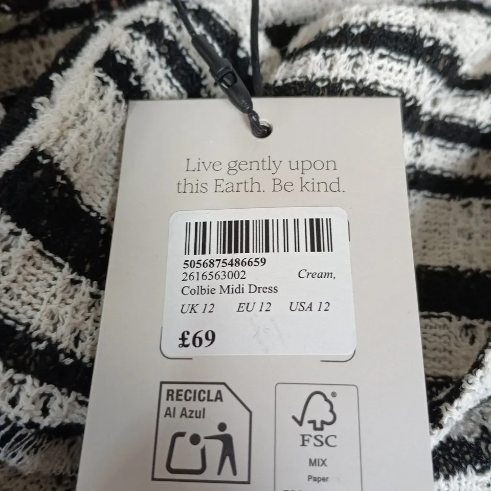 NOBODY'S CHILD COLBIE MIDI DRESS – CREAM & BLACK STRIPE KNIT, UK 12 (EU 12, USA 12)