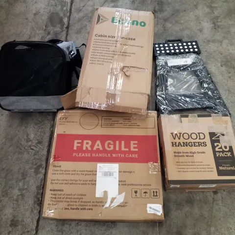 PALLET OF ASSORTED PRODUCTS INCLUDING ROUND WALL MIRROR, WOOD HANGERS, STEP STOOL, SUITCASE, PET CARRIER