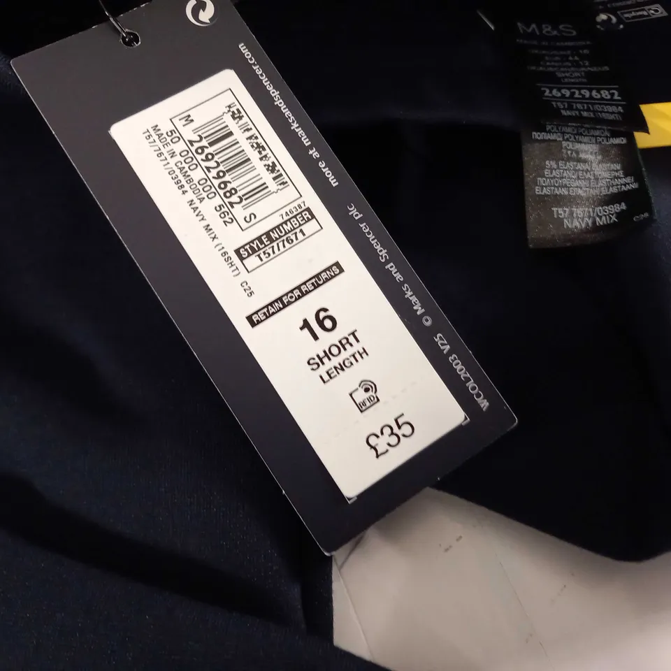 M&S WIDE HIGH RISE NAVY TROUSERS - 16 SHORT