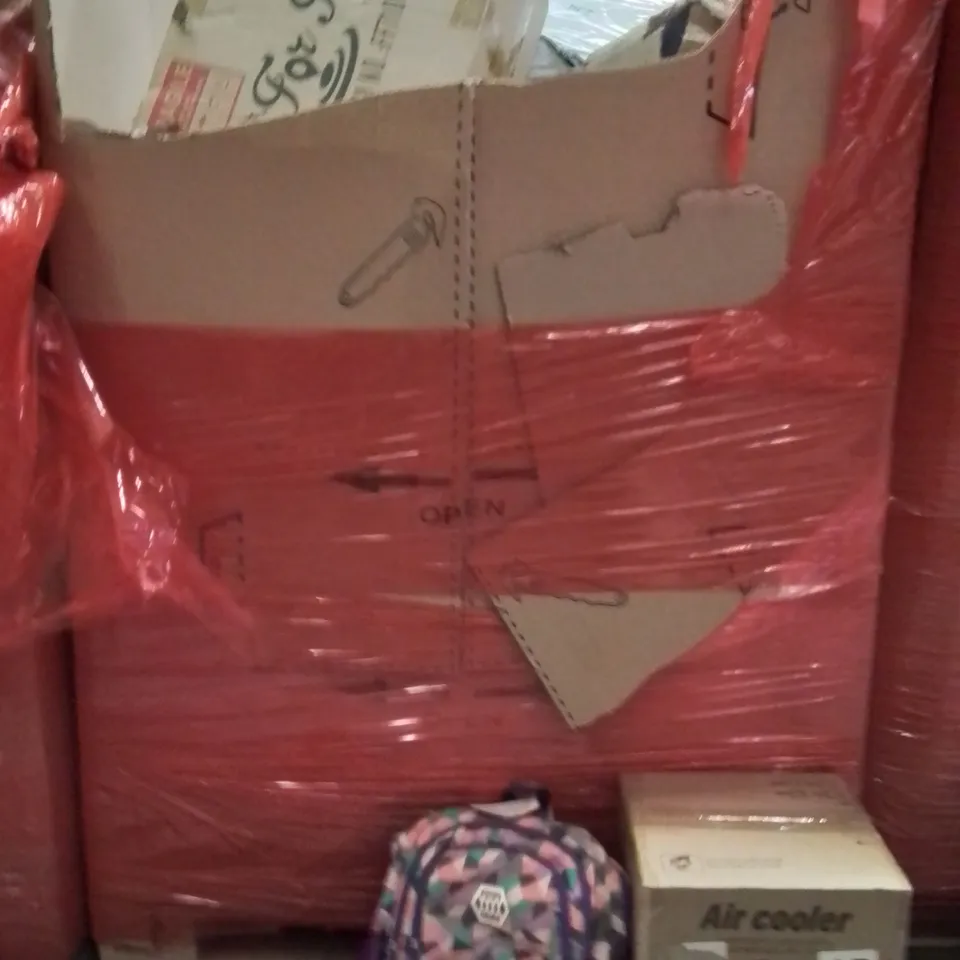 PALLET OF ASSORTED HOUSEHOLD GOODS AND PRODUCTS TO INCLUDE;AIR COOLER,KIDS BACKPACK,PAN