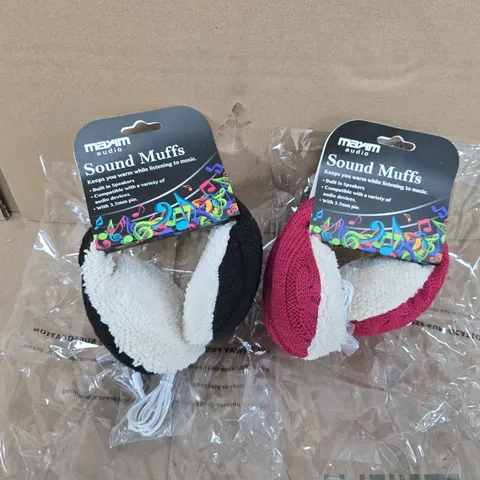 BOX OF APPTROXIMATELY 15 MAXIM AUDIO SOUND MUFFS – EARMUFF HEADPHONES WITH BUILT-IN SPEAKERS, ASSORTED COLORS