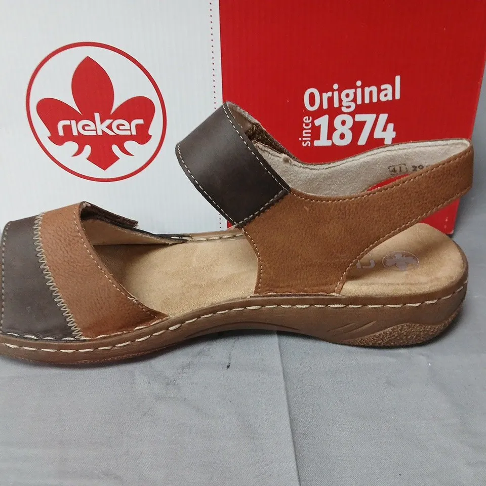 BOXED REIKER BROWN LEATHER LOOK SANDALS - UK 7.5