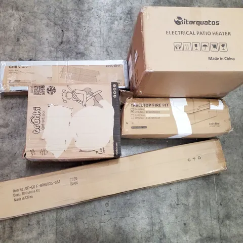 PALLET OF ASSORTED PRODUCTS INCLUDING ELECTRIC PATIO HEATER, TABLETOP FIRE PIT, ROTISSERIE KIT, TRUNKI KIDS SUITCASE, GRILL WARMING RACK