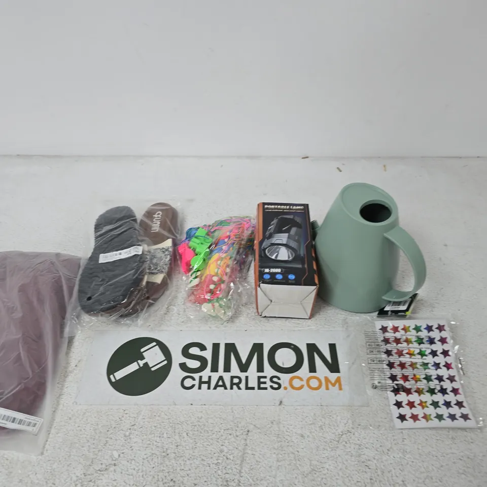 BOX OF APPROXIMATELY 15 ASSORTED ITEMS INCLUDING A KEPLIN 1.8L PLASTIC WATERING CAN, SOME STAR STICKERS AND A PORTABLE LAMP