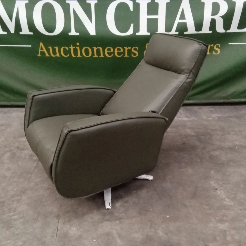 QUALITY DESIGNER SWIVEL LEATHER POWER RECLINER CHAIR - OLIVE