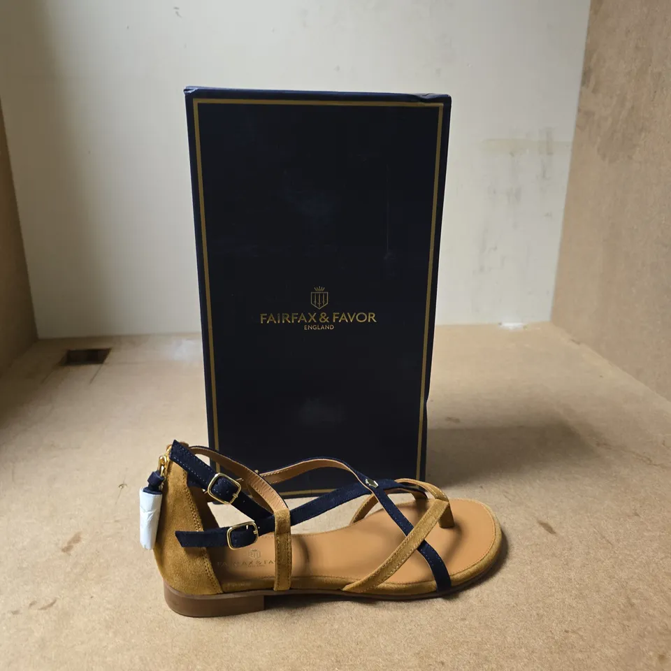 FAIRFAX & FAVOR LEATHER SANDALS – TAN SUEDE WITH NAVY STRAPS - UK SIZE 7