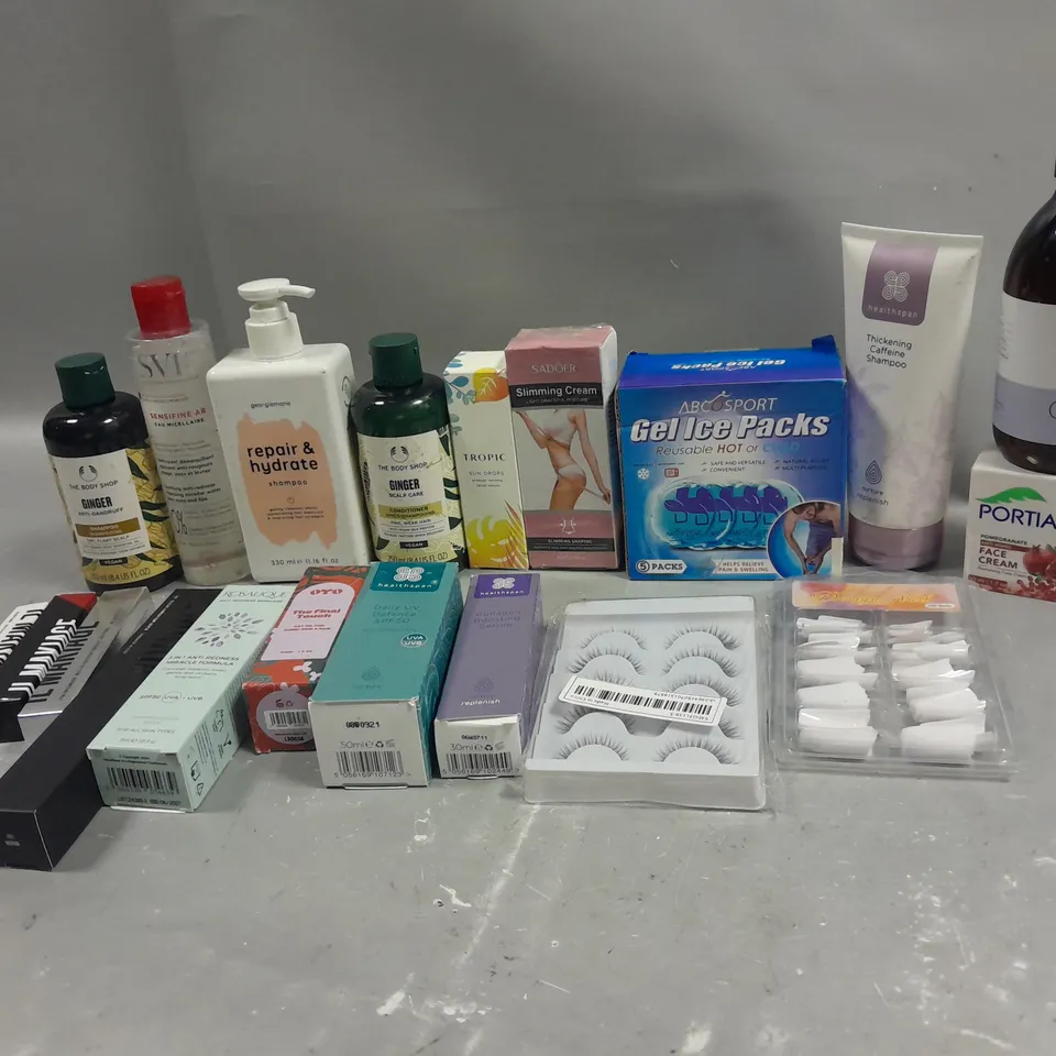 BOX OF APPROXIMATELY 15 ASSORTED COSMETIC ITEMS TO INCLUDE- HEALTHSPAN SHAMPOO - TROPIC SUN DROPS - PORTIA FACE CREAM, ETC.