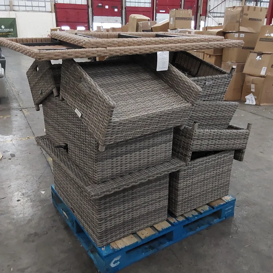 PALLET TO CONTAIN ASSORTED GARDEN AND FURNITURE. INCLUDES FOOTSTOOLS, TABLE PARTS ETC 