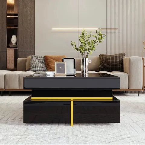BOXED HIGH-GLOSS COFFEE TABLE WITH GOLD ACCENTS, DRAWERS AND PRACTICAL STORAGE, 70L×70W×35.5HCM, BLACK