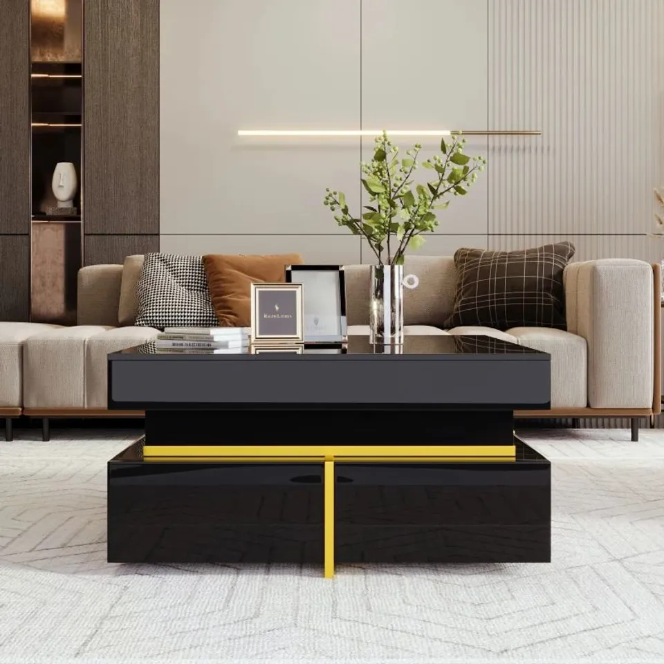 BOXED HIGH-GLOSS COFFEE TABLE WITH GOLD ACCENTS, DRAWERS AND PRACTICAL STORAGE, 70L×70W×35.5HCM, BLACK