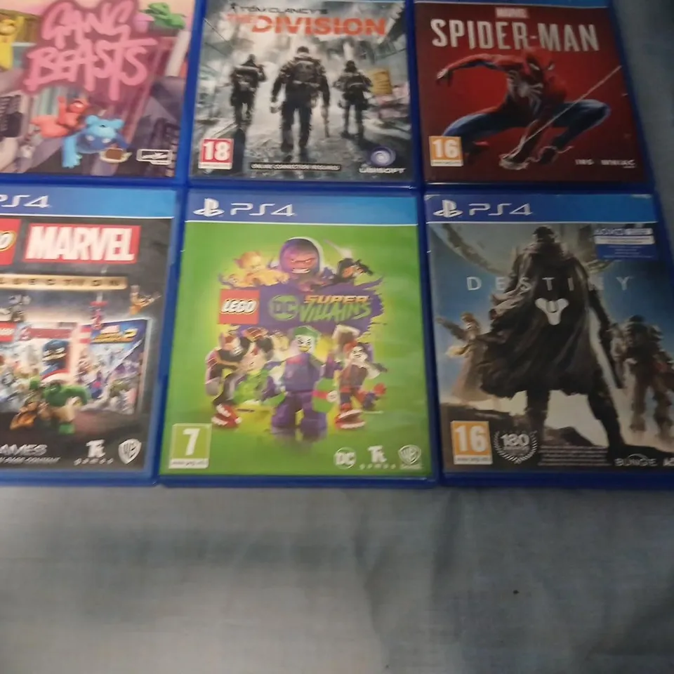 PLAYSTATION 4 GAME COLLECTION – 6 PS4 TITLES (GANG BEASTS, TOM CLANCY'S THE DIVISION, SPIDER-MAN, LEGO MARVEL COLLECTION, LEGO DC SUPER-VILLAINS, DESTINY)