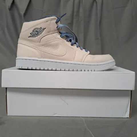 BOXED PAIR OF NIKE AIR JORDAN 1 MID SHOES IN CREAM/NAVY UK SIZE 6.5