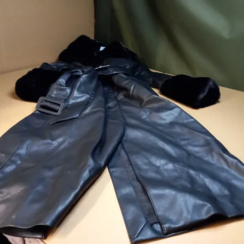 BERSHKA BLACK FAUX LEATHER/FAUX FUR TRIMMED COAT - XS