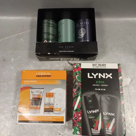 LOT OF 3 ASSORTED COSMETIC BOXSETS TO INCLUDE - LYNX AFRICA THE OG SET - TED BAKER BODY SPRAY - L'OREAL MEN EXPERT HYDRA ENERGY DUO