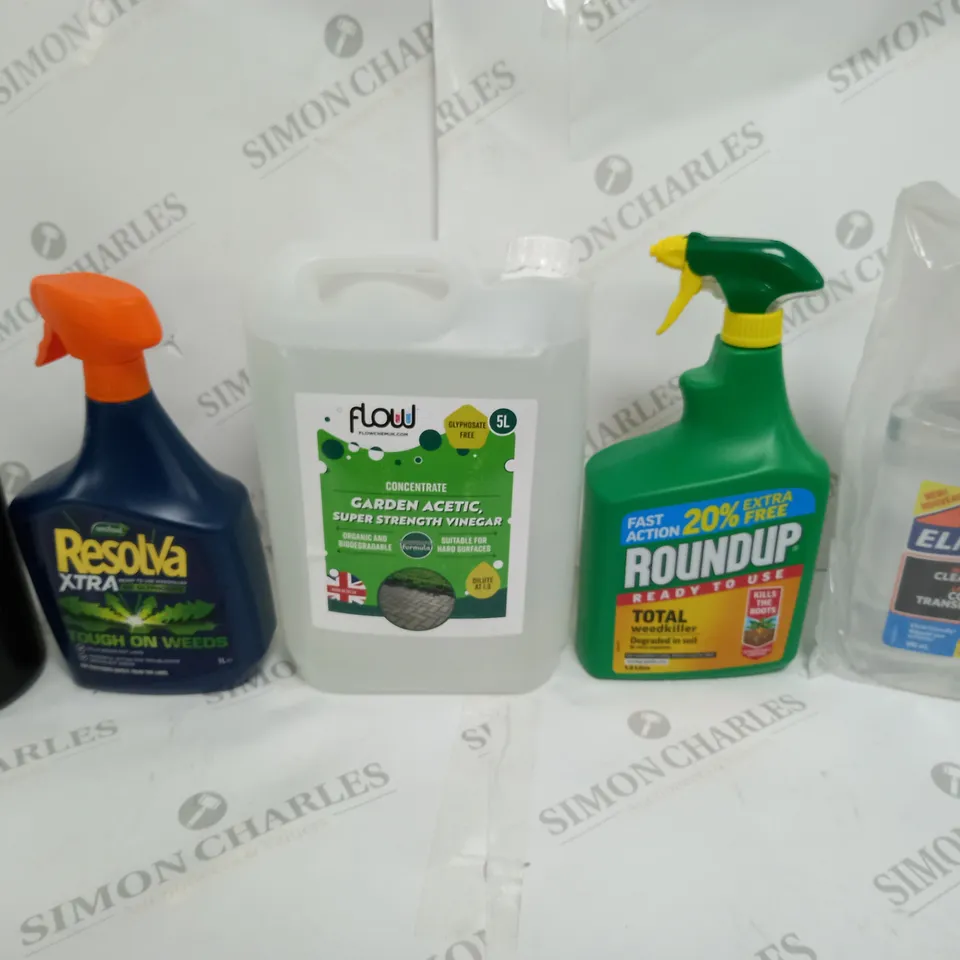 BOX OF APPROX 6 ASSORTED LIQUIDS TO INCLUDE - ROUND UP WEED KILLER- UV RESIN - CLEAR GLUE ECT
