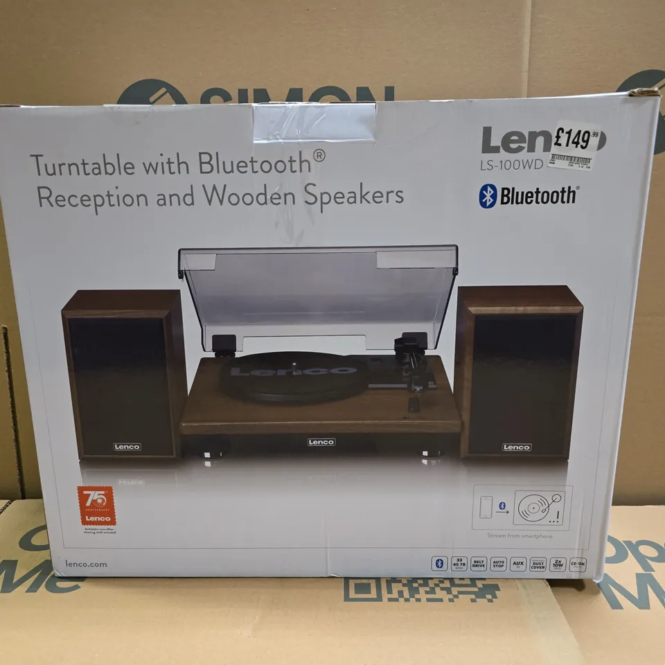 BOXED LENCO LS-100WD BELT DRIVE TURNTABLE WITH WOODEN SPEAKERS