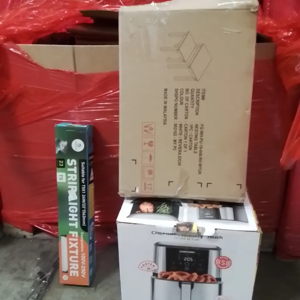 PALLET OF ASSORTED HOUSEHOLD GOODS AND PRODUCTS TO INCLUDE;NESTING TABLE,AIR FRYER,STRIP LIGHT FIXTURE