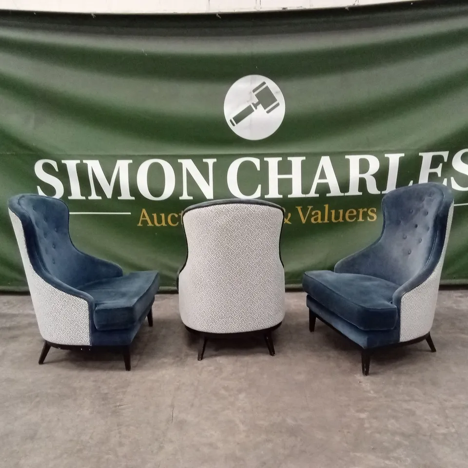 SET OF 3 QUALITY DESIGNER WING BACK VELVET CHAIRS