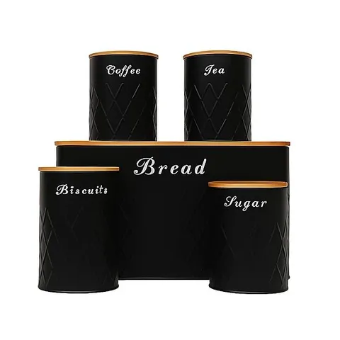 BOXED OYPLA 5PC BLACK BAMBOO LID KITCHEN CANISTER STORAGE TIN SET
