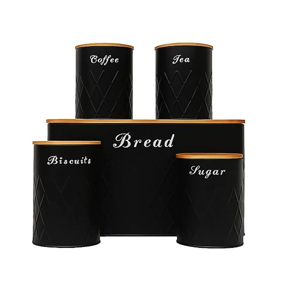 BOXED OYPLA 5PC BLACK BAMBOO LID KITCHEN CANISTER STORAGE TIN SET