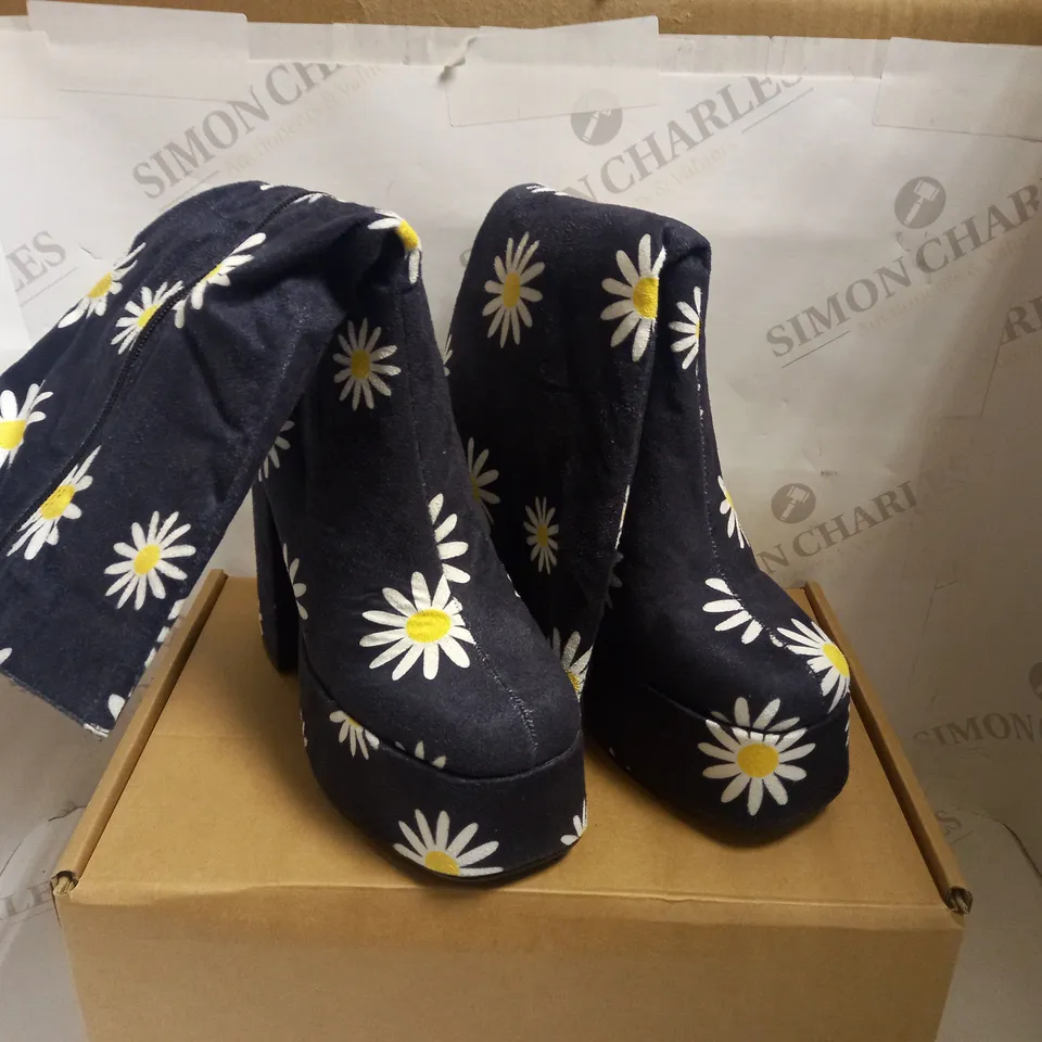 KOI VEGAN CRAZY DAISY NAVY BLUE PLATFORM LONG BOOTS - SIZE 6