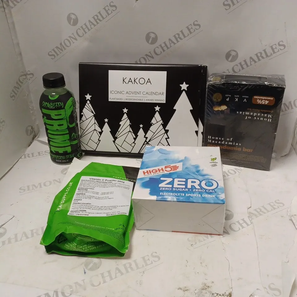 LOT OF ASSORTED FOOD AND DRINK ITEMS TO INCLUDE PRIME, KAKOA AND HIGH 5 SPORTS NUTRIITON