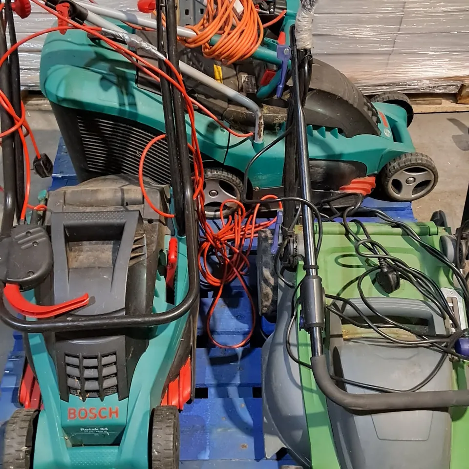 LOT OF 3 UNBOXED WIRED LAWNMOWERS INCLUDES BOSCH ROTAK 34 + ROTAK 34 ERGOFLEX AND POWERBASE ROTARY