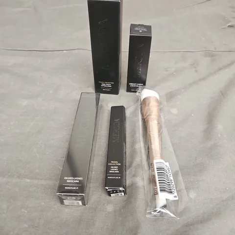 MERODA LOT OF 5 ASSORTED COSMETIC PRODUCTS TO INCLUDE - GILDED LASHES MASCARA - FINAL TOUCH SETTING SPRAY - VIBRANT CHEEKS LIQUID BLUSH INDUSTY ROSE