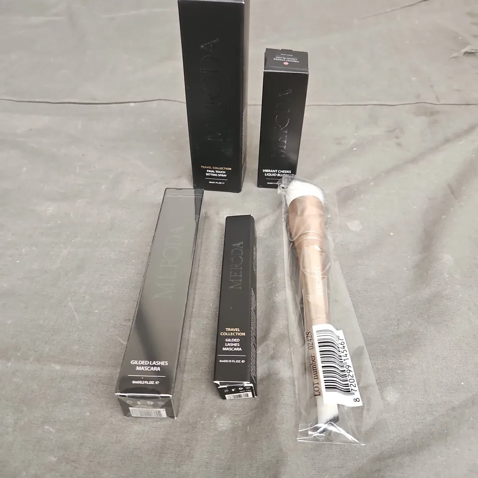 MERODA LOT OF 5 ASSORTED COSMETIC PRODUCTS TO INCLUDE - GILDED LASHES MASCARA - FINAL TOUCH SETTING SPRAY - VIBRANT CHEEKS LIQUID BLUSH INDUSTY ROSE