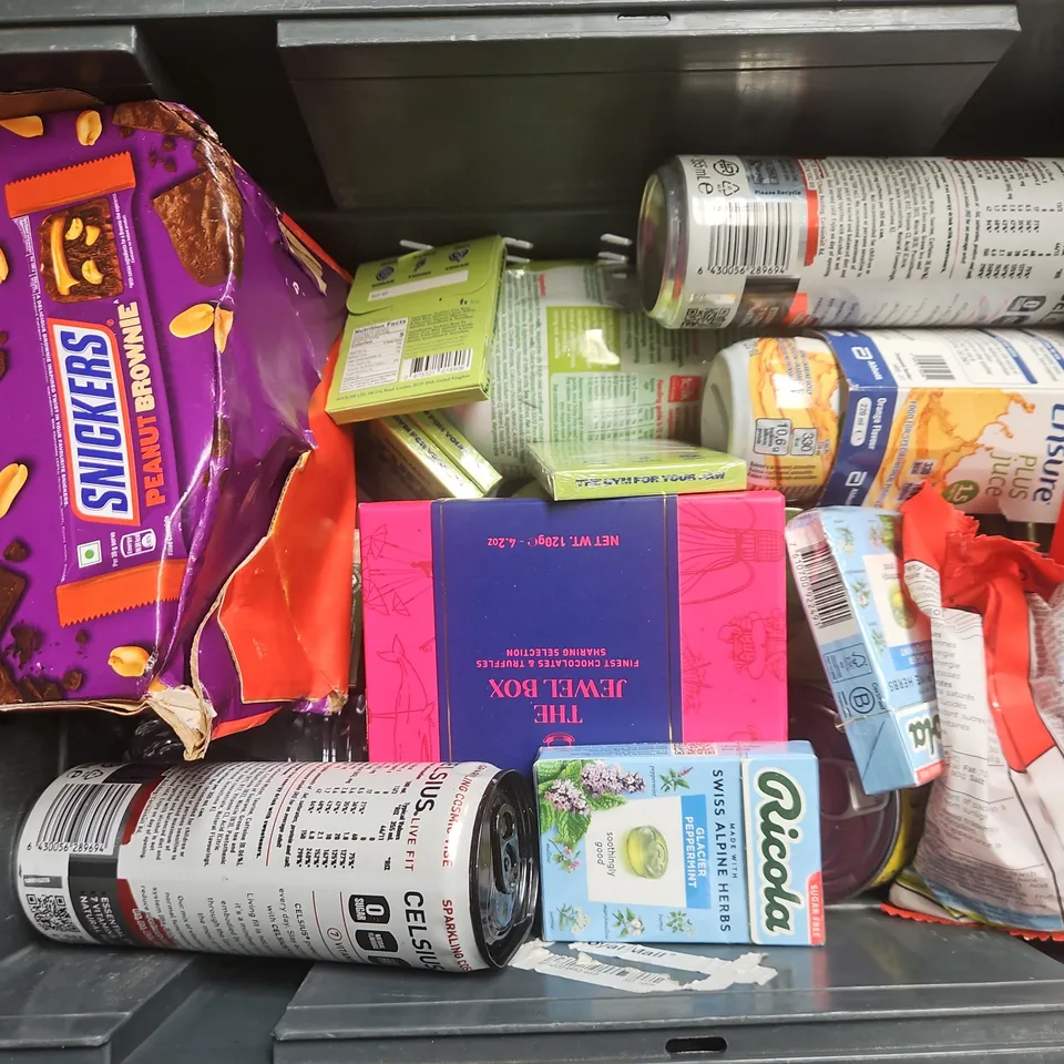 TOTE OF APPROXIMATELY 11 ASSORTED FOOD AND DRINK ITEMS TO INCLUDE SNICKERS , CELSIUS ENERGY DRINK , ENSURE PLUS JUICE , ETC