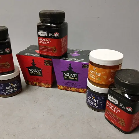 APPROXIMATELY 15 ASSORTED FOOD & DRINK PRODUCTS TO INCLUDE COMVITA MANUKA HONEY (500g), WAT KITCHEN CHICKEN IN TERIYAKI SAUCE WITH NOODLES (250g), JUST BEE TUMERIC HONEY (260g), ETC