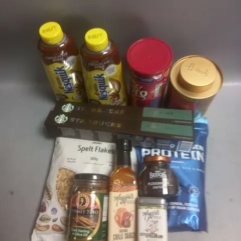 TOTE OF APPROX 10 ASSORTED FOOD ITEMS TO INCLUDE - STARBUCKS NESPRESSO PODS - MAGGIE'S CHILLI SAUCE - HARRODS DRAGON WELL GREEN TEA ETC