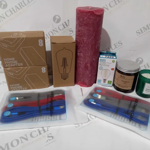 APPROXIMATELY 20 ASSORTED HOUSEHOLD ITEMS TO INCLUDE SCENTED CANDLES, LIHGT BULBS, EE HOME PHONE ADAPTERS, ETC