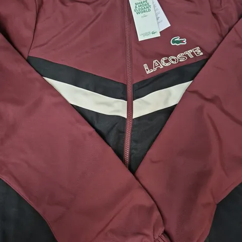 LACOSTE ZIP-UP TRACKSUIT IN BURGUNDY/BLACK/WHITE SIZE 3