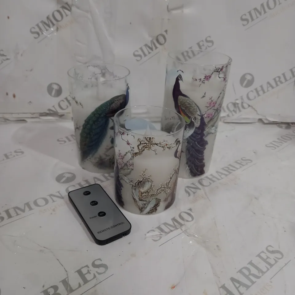 ALISON CORK SET OF 3 GLASS PRINTED PEACOCK LED CANDLES