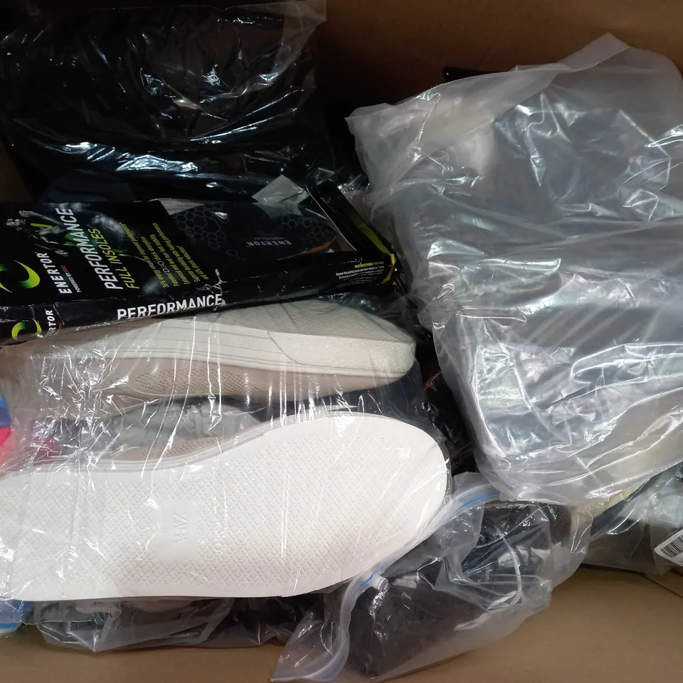 BOX OF APPROXIMATELY 15 ASSORTED PAIRS OF SHOES AND FOOTWEAR ITEMS IN VARIOUS STYLES AND SIZES TO INCLUDE NEW LOOK, LILLEY, ETC