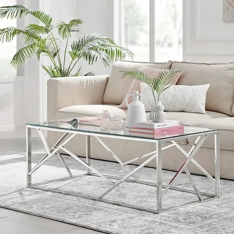 BOXED LUXURY FRAME GLOSS CHROME AND GLASS COFFEE TABLE (1 BOX)